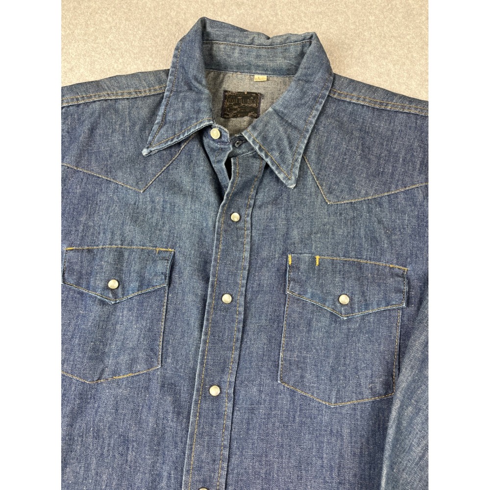 Vintage 70s Sears Roebucks Western Denim Shirt Mens Large 16 Blue Pearl Snap - Picture 2 of 8